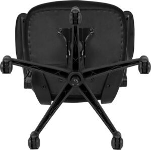 The underside view of a black office chair, showing the heavy-duty 5-point nylon star base, smooth-rolling swivel casters, and the central gas lift cylinder attachment with the tilt mechanism plate.